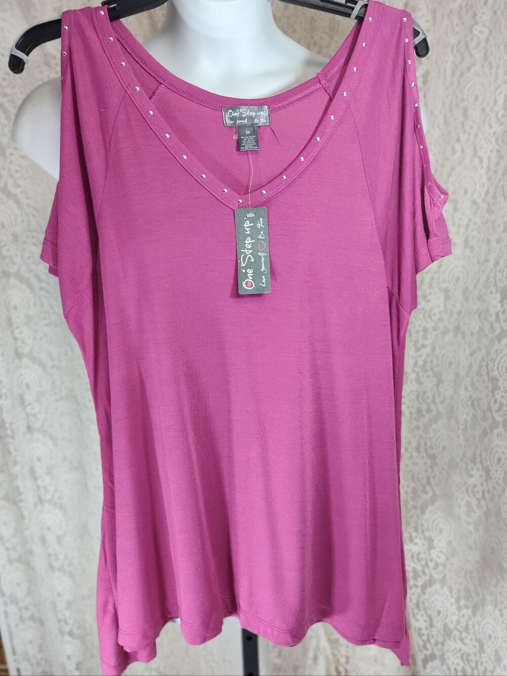 One Step Ahead Fuchsia Cold-Shoulder Scoop Neck Tank with Stud Detail